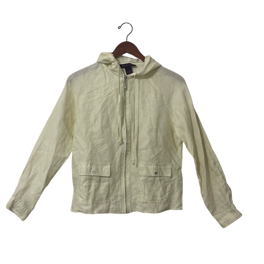 Lily Stanhope Womens Light Yellow Linen Zip Up‎ Hooded Casual Jacket Size M